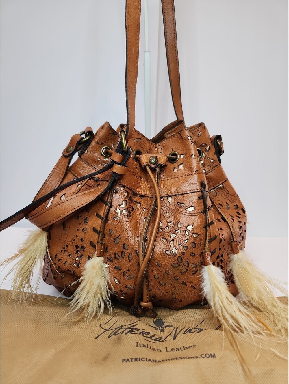 RARE Patricia Nash Bucket Bag Otavia Cut Out Tooled All Leather Feather Tassels